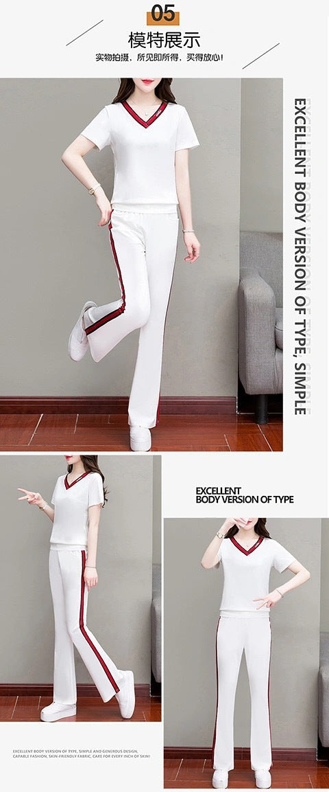 2022 new short sleeve V-neck T-shirt fashion casual wear two piece suit sports micro flared pants suit