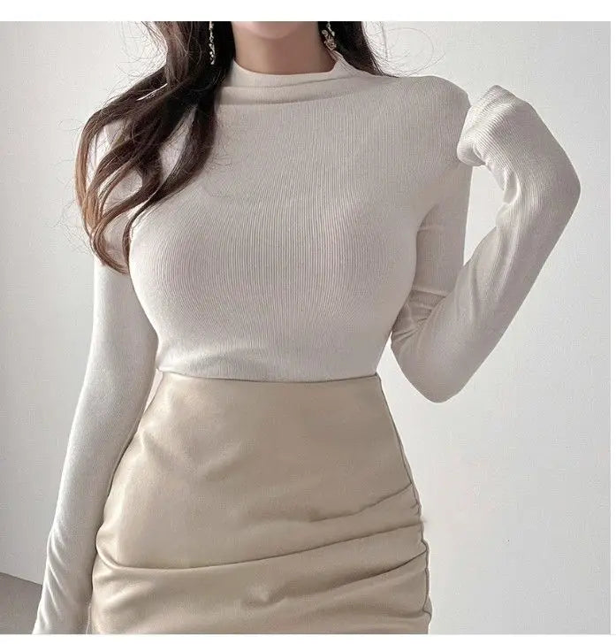 Autumn Woman Half Turtleneck Basic Solid Slim Fit Tee Female Bottoming Shirt Ladies Fashion Long Sleeve Tops Undershirt G159