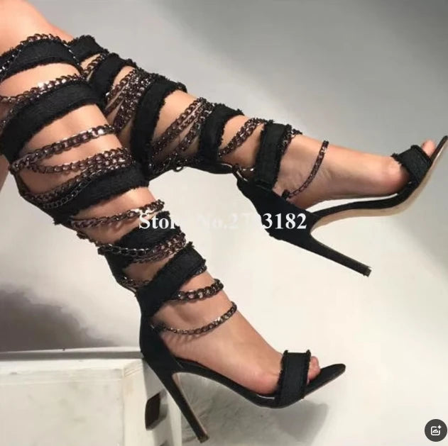 Summer Newest Women Fashion Open Toe Denim Chains Decorated Stiletto Heel Gladiator Boots Cut-out Blue Black High Heel Long Boot