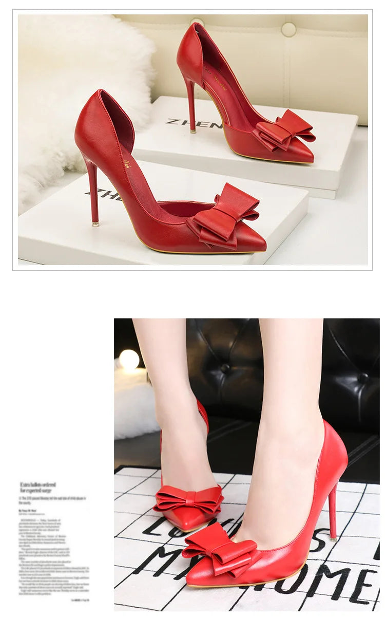 Korean Style Sweet Bow High Heels, Fashionable And Elegant Slim Heeled Women'S Shoes For The Office, Pointed  Sexy  Ladies Shoes