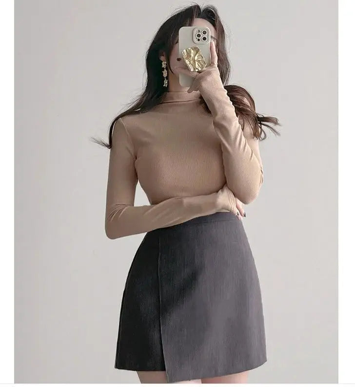 Autumn Woman Half Turtleneck Basic Solid Slim Fit Tee Female Bottoming Shirt Ladies Fashion Long Sleeve Tops Undershirt G159