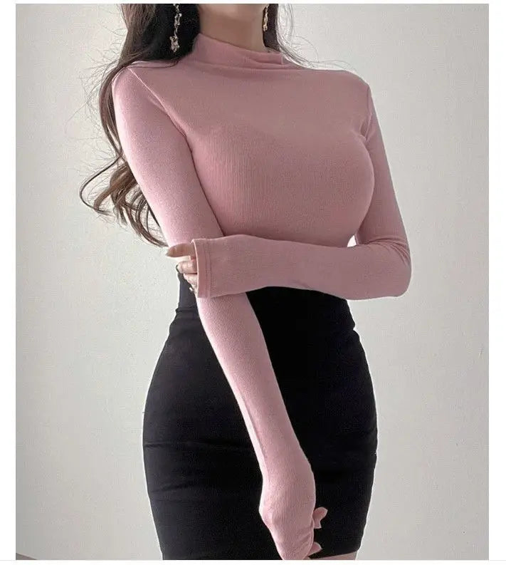 Autumn Woman Half Turtleneck Basic Solid Slim Fit Tee Female Bottoming Shirt Ladies Fashion Long Sleeve Tops Undershirt G159