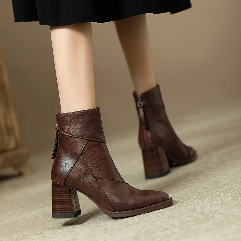 Women's Square Heel Ankle Boots Rear Zipper Retro Brown Soft Leather Short Boot Square Head Casual Sewing High Heel Women Shoes