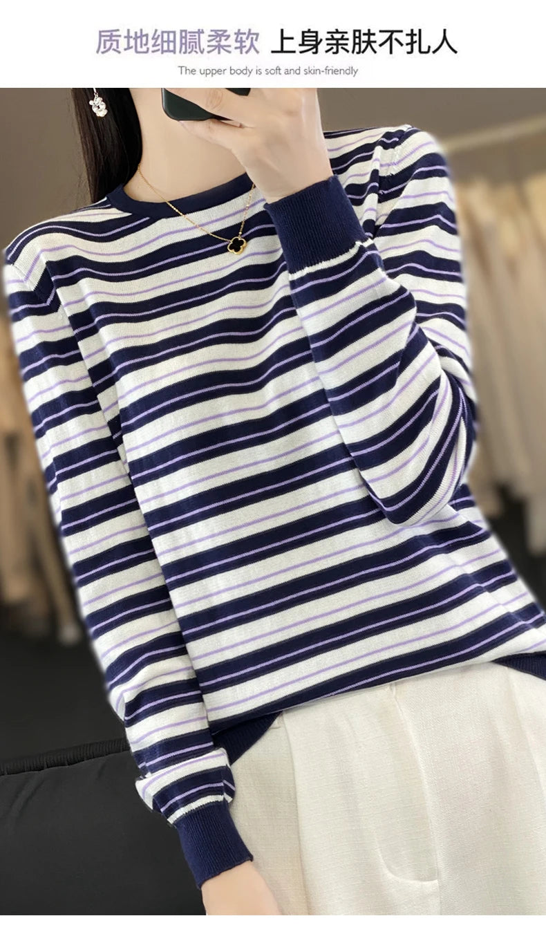Autumn and Winter New 100% Cotton Striped Knitted Women's Round Neck Pullover Casual Fashion Sweater Loose Soft Women's Top