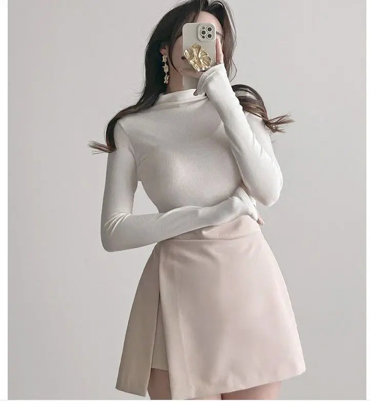 Autumn Woman Half Turtleneck Basic Solid Slim Fit Tee Female Bottoming Shirt Ladies Fashion Long Sleeve Tops Undershirt G159