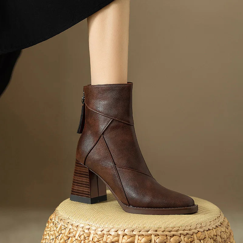 Women's Square Heel Ankle Boots Rear Zipper Retro Brown Soft Leather Short Boot Square Head Casual Sewing High Heel Women Shoes