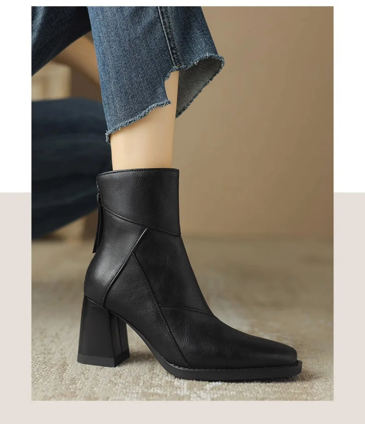Women's Square Heel Ankle Boots Rear Zipper Retro Brown Soft Leather Short Boot Square Head Casual Sewing High Heel Women Shoes