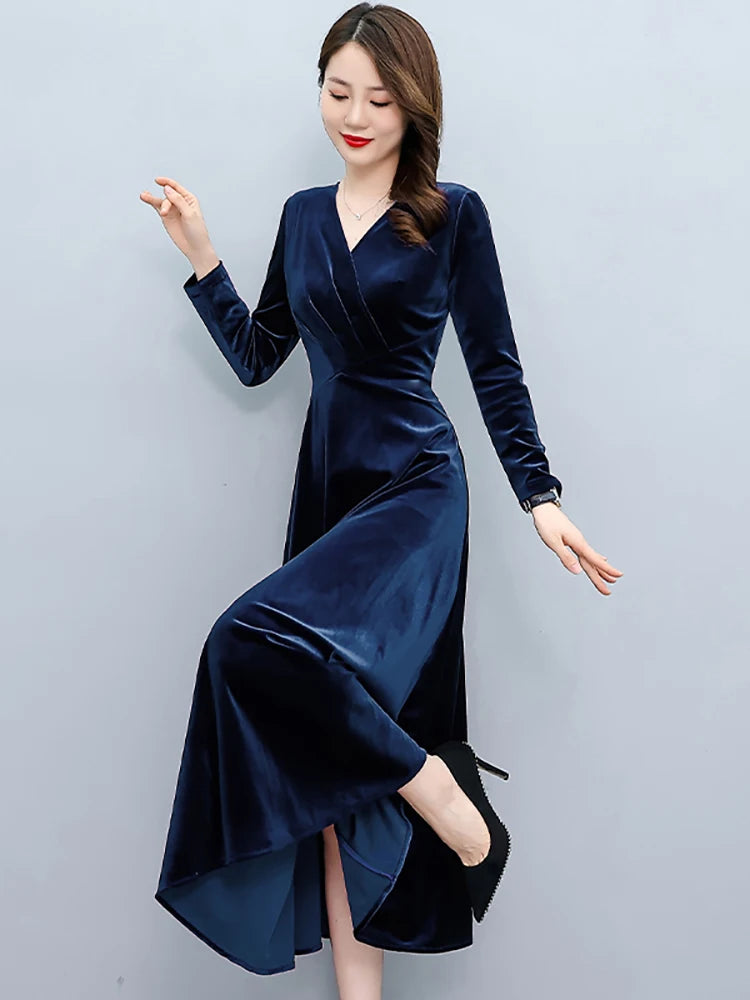 2024 Vintage Long Sleeve Women Sexy Midi Dresses Autumn Winter Velvet Thick Warm Dress Elegant Bodycon Party Night Maxi Vestidos