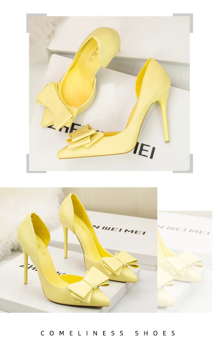 Korean Style Sweet Bow High Heels, Fashionable And Elegant Slim Heeled Women'S Shoes For The Office, Pointed  Sexy  Ladies Shoes
