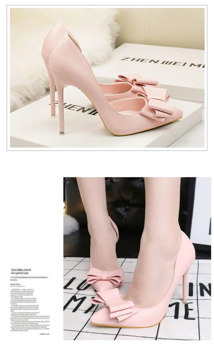 Korean Style Sweet Bow High Heels, Fashionable And Elegant Slim Heeled Women'S Shoes For The Office, Pointed  Sexy  Ladies Shoes