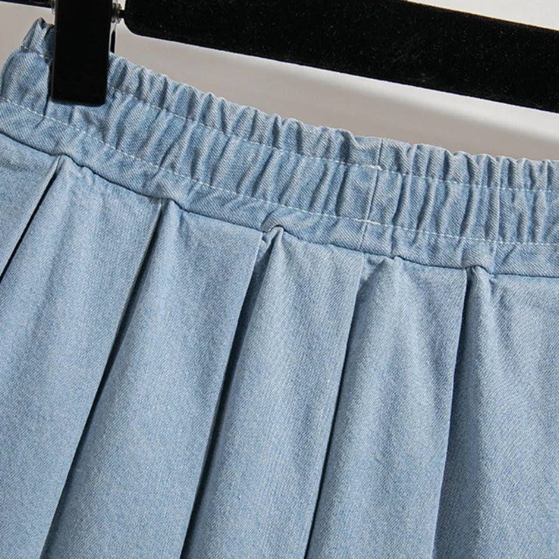 5XL Oversize Denim Skirts Women Lace Up Pleated Skirt Summer Elastic Waist Cute Soft Girl Frilly Loose Jeans Mini Skirt Culotte
