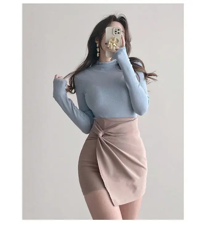 Autumn Woman Half Turtleneck Basic Solid Slim Fit Tee Female Bottoming Shirt Ladies Fashion Long Sleeve Tops Undershirt G159
