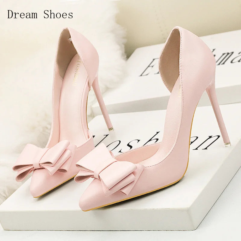 Korean Style Sweet Bow High Heels, Fashionable And Elegant Slim Heeled Women'S Shoes For The Office, Pointed  Sexy  Ladies Shoes