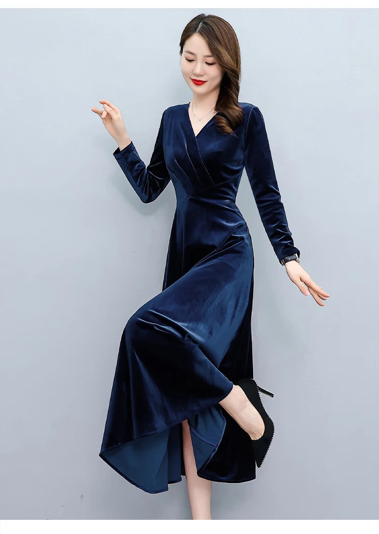 2024 Vintage Long Sleeve Women Sexy Midi Dresses Autumn Winter Velvet Thick Warm Dress Elegant Bodycon Party Night Maxi Vestidos
