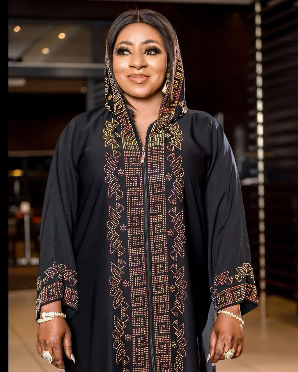 African Ethnic Style Hooded Dress for Women, Muslim Abayat, Hot Drilling with Zipper at Front and Back, Middle East