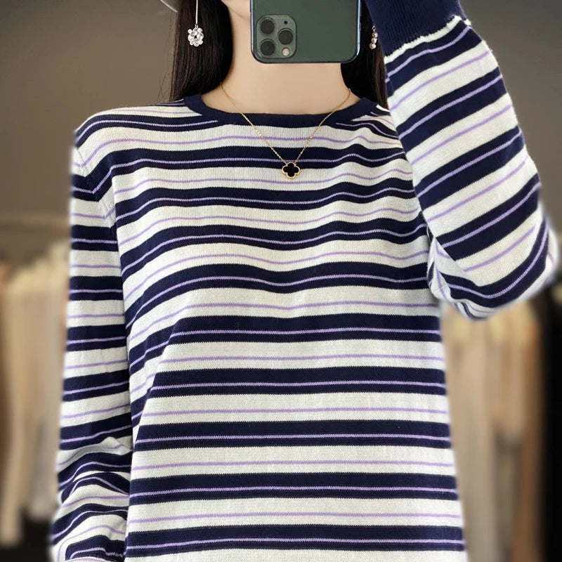 Autumn and Winter New 100% Cotton Striped Knitted Women's Round Neck Pullover Casual Fashion Sweater Loose Soft Women's Top
