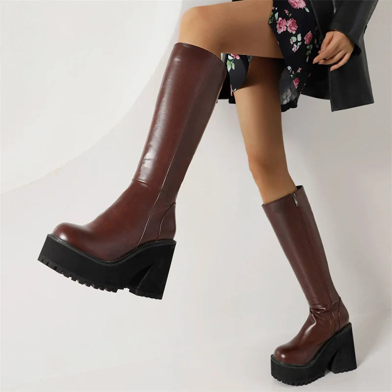 YMECHIC Fashion Popular Style Platform Wedges Knee High Boots for Lady Zip Punk Chunky Botas Goth Gothic Brand Shoes Women 2022