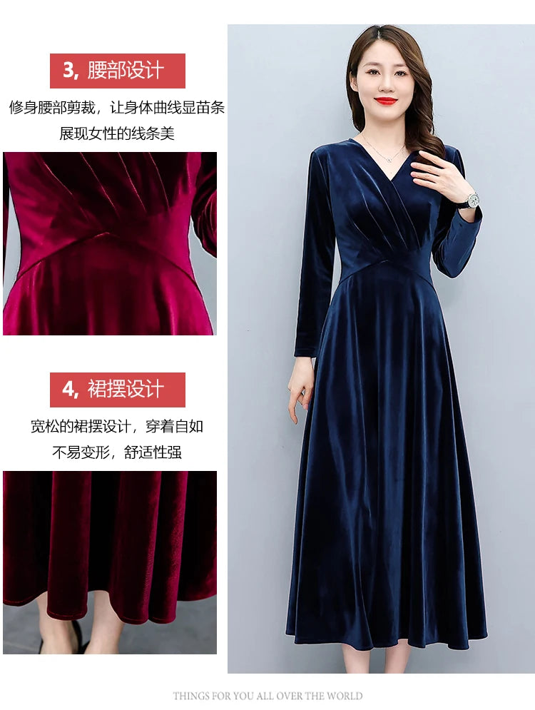 2024 Vintage Long Sleeve Women Sexy Midi Dresses Autumn Winter Velvet Thick Warm Dress Elegant Bodycon Party Night Maxi Vestidos