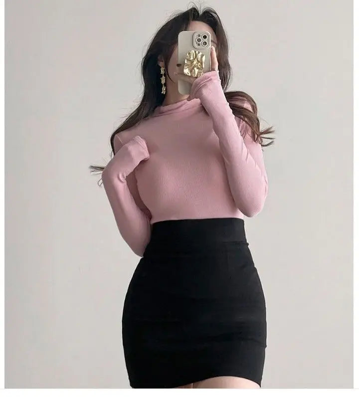 Autumn Woman Half Turtleneck Basic Solid Slim Fit Tee Female Bottoming Shirt Ladies Fashion Long Sleeve Tops Undershirt G159