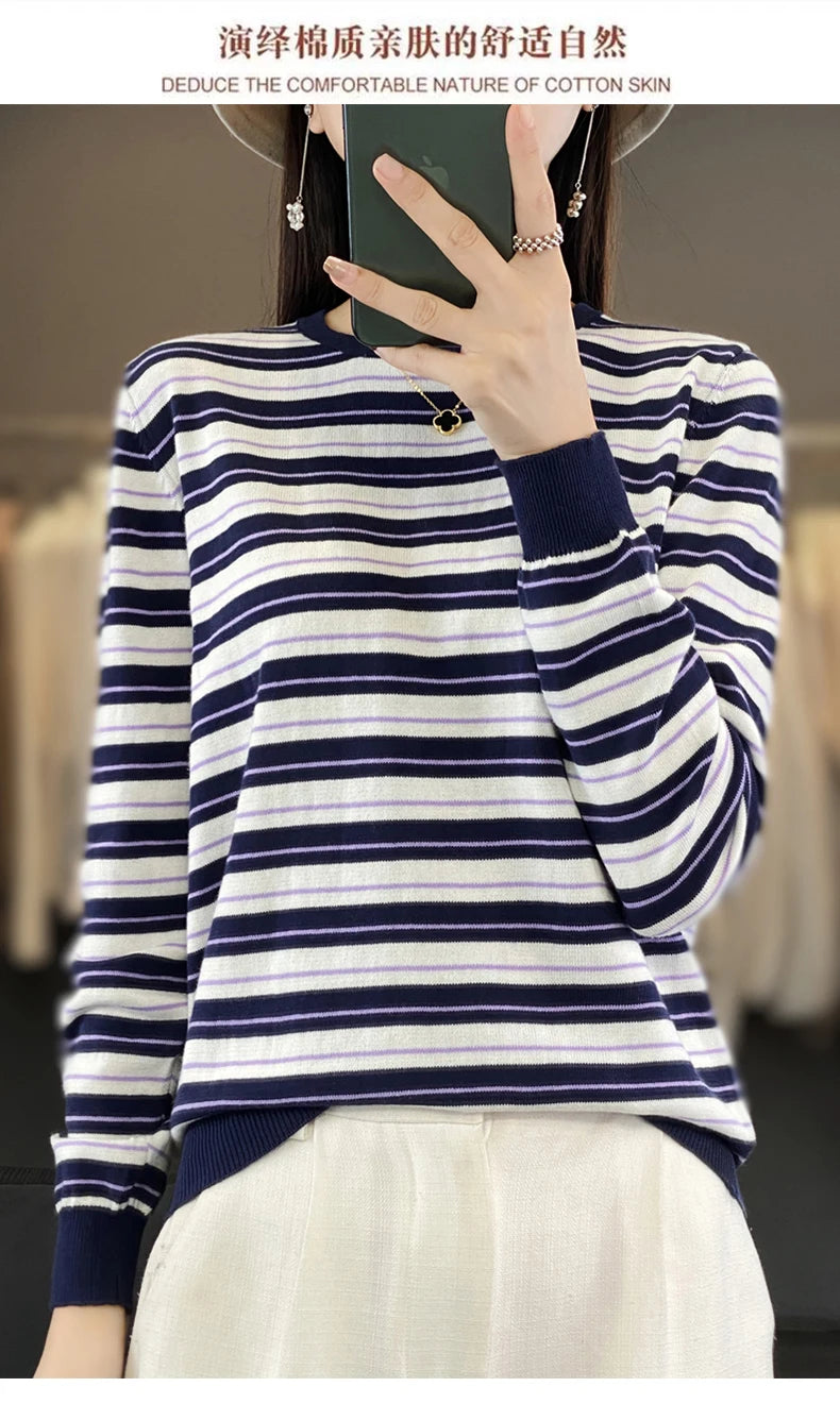 Autumn and Winter New 100% Cotton Striped Knitted Women's Round Neck Pullover Casual Fashion Sweater Loose Soft Women's Top