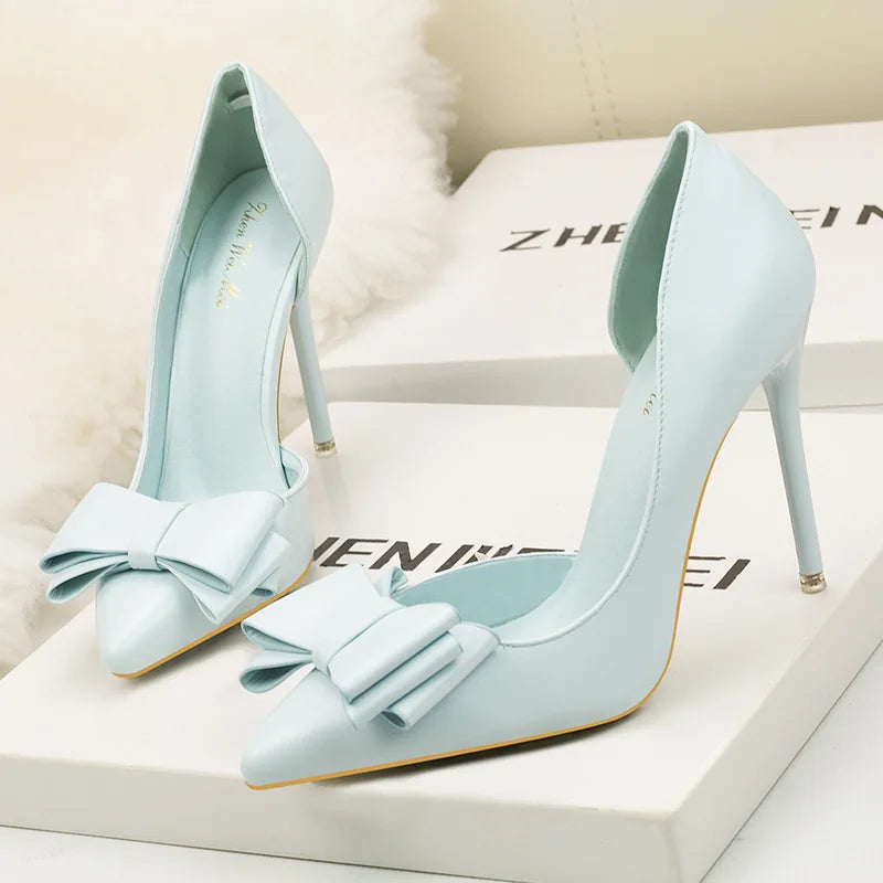 Korean Style Sweet Bow High Heels, Fashionable And Elegant Slim Heeled Women'S Shoes For The Office, Pointed  Sexy  Ladies Shoes