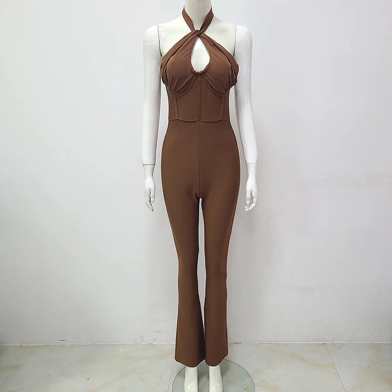 2023 New Sleeveless High Quality Fashion Stretch Wholesale Bandage Jumpsuit Women Long Bodysuit Brown Halter Sexy Backless