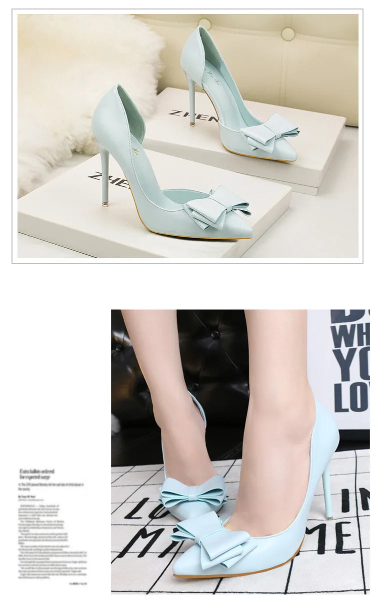 Korean Style Sweet Bow High Heels, Fashionable And Elegant Slim Heeled Women'S Shoes For The Office, Pointed  Sexy  Ladies Shoes