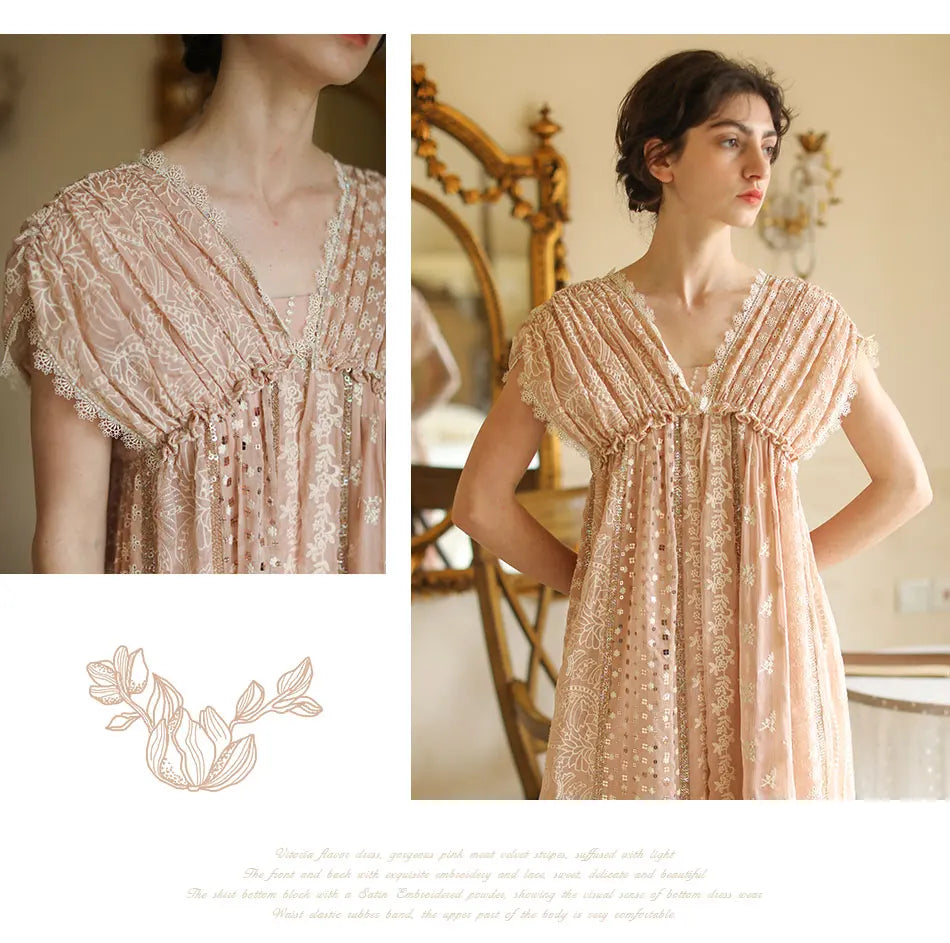 AIGYPTOS Spring Summer Women Pink Dress Vintage Elegant Slim Lace V-Neck Shiny Sequines Luxury Embroidery Party Birthday Dress