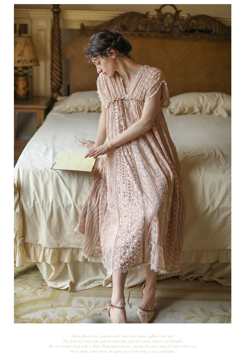 AIGYPTOS Spring Summer Women Pink Dress Vintage Elegant Slim Lace V-Neck Shiny Sequines Luxury Embroidery Party Birthday Dress