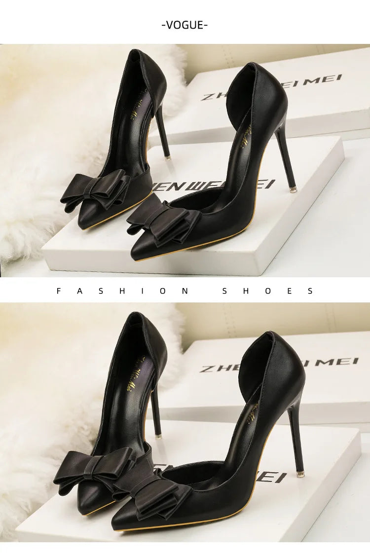 Korean Style Sweet Bow High Heels, Fashionable And Elegant Slim Heeled Women'S Shoes For The Office, Pointed  Sexy  Ladies Shoes
