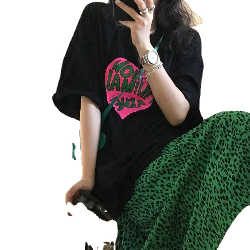 2023 Summer Loose Letters Girls Short-sleeved T-shirt Retro High-waisted Leopard Print Half-body Skirt Suit Two-piece Female Y2K