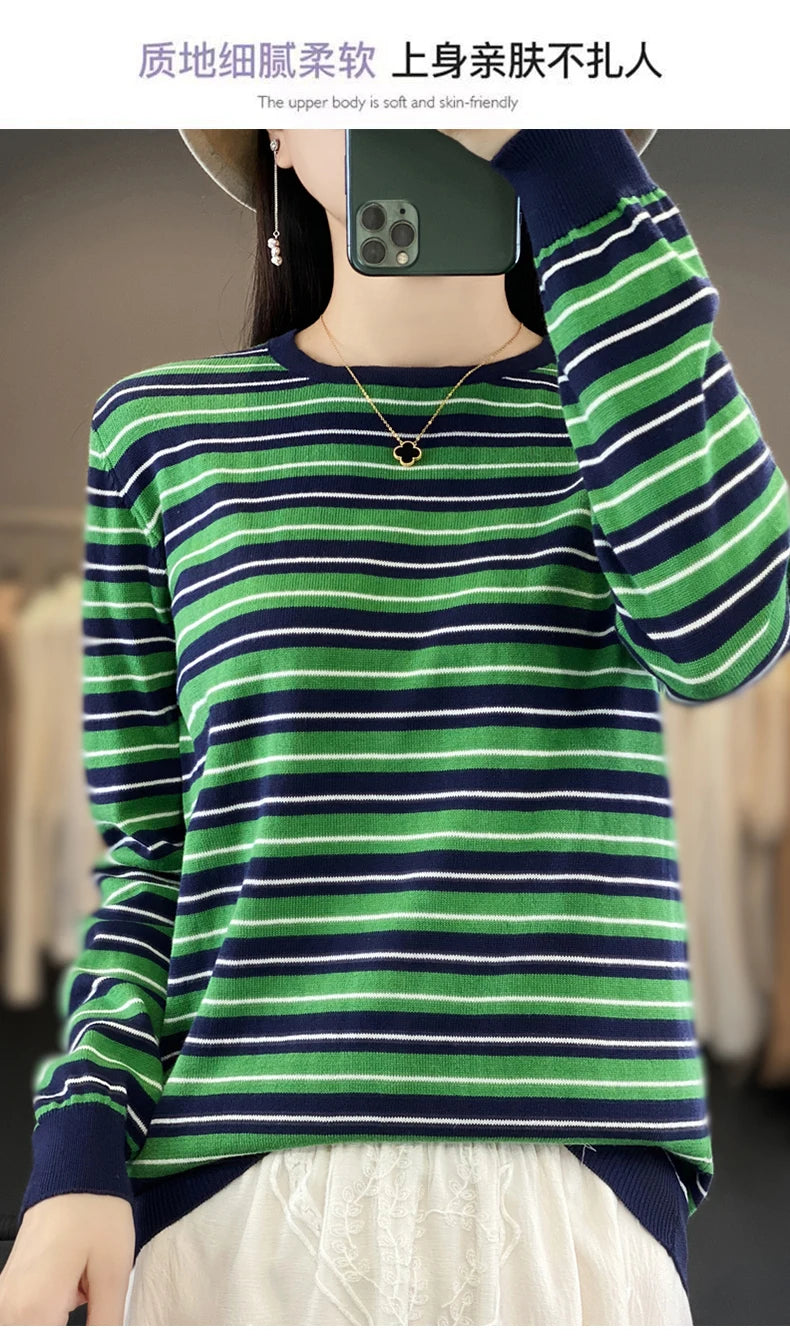 Autumn and Winter New 100% Cotton Striped Knitted Women's Round Neck Pullover Casual Fashion Sweater Loose Soft Women's Top