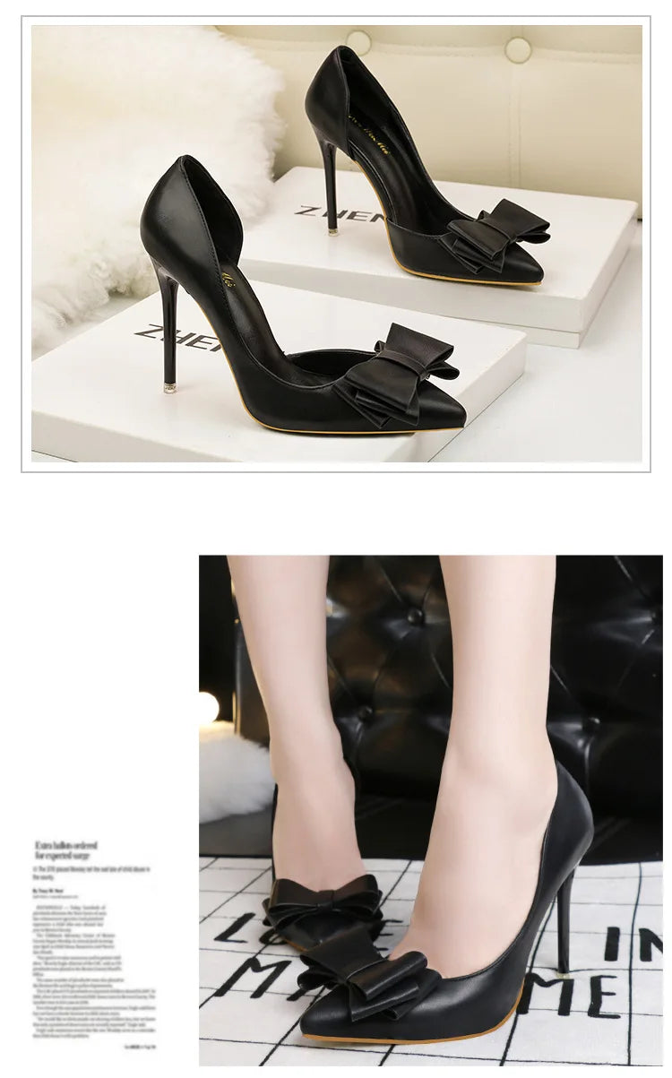Korean Style Sweet Bow High Heels, Fashionable And Elegant Slim Heeled Women'S Shoes For The Office, Pointed  Sexy  Ladies Shoes