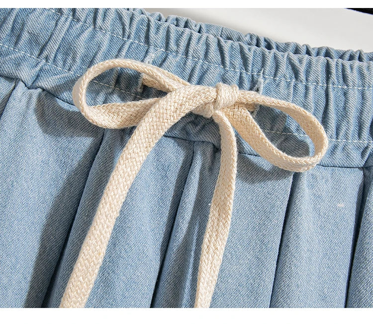 5XL Oversize Denim Skirts Women Lace Up Pleated Skirt Summer Elastic Waist Cute Soft Girl Frilly Loose Jeans Mini Skirt Culotte
