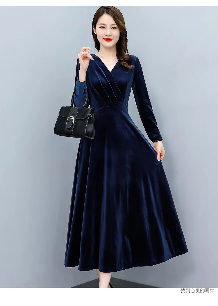 2024 Vintage Long Sleeve Women Sexy Midi Dresses Autumn Winter Velvet Thick Warm Dress Elegant Bodycon Party Night Maxi Vestidos