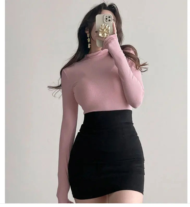 Autumn Woman Half Turtleneck Basic Solid Slim Fit Tee Female Bottoming Shirt Ladies Fashion Long Sleeve Tops Undershirt G159