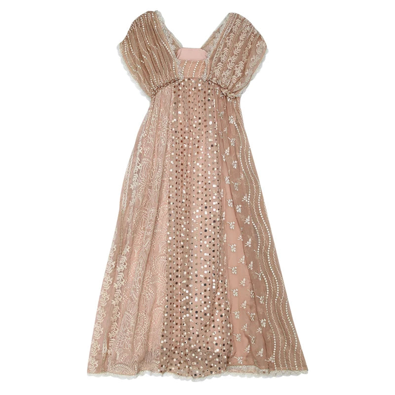 AIGYPTOS Spring Summer Women Pink Dress Vintage Elegant Slim Lace V-Neck Shiny Sequines Luxury Embroidery Party Birthday Dress