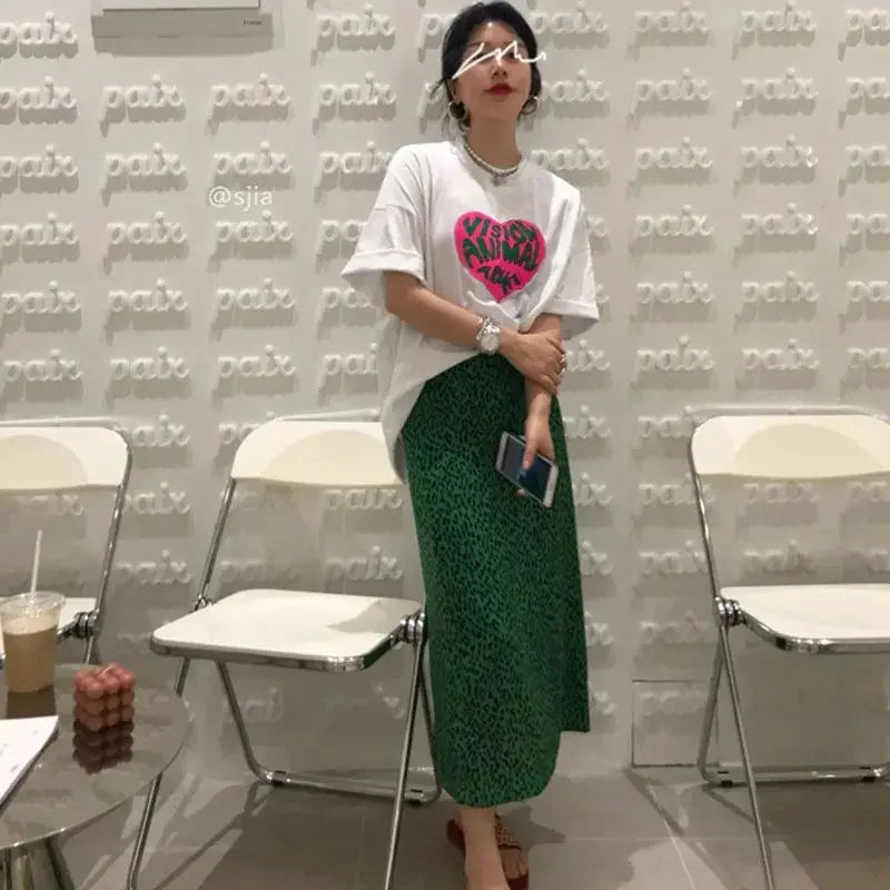 2023 Summer Loose Letters Girls Short-sleeved T-shirt Retro High-waisted Leopard Print Half-body Skirt Suit Two-piece Female Y2K