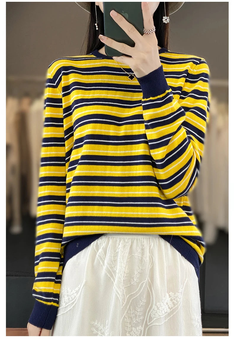 Autumn and Winter New 100% Cotton Striped Knitted Women's Round Neck Pullover Casual Fashion Sweater Loose Soft Women's Top