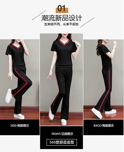 2022 new short sleeve V-neck T-shirt fashion casual wear two piece suit sports micro flared pants suit