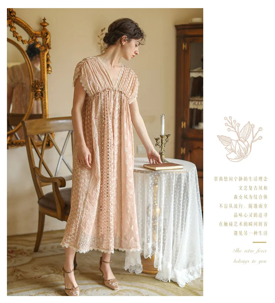 AIGYPTOS Spring Summer Women Pink Dress Vintage Elegant Slim Lace V-Neck Shiny Sequines Luxury Embroidery Party Birthday Dress