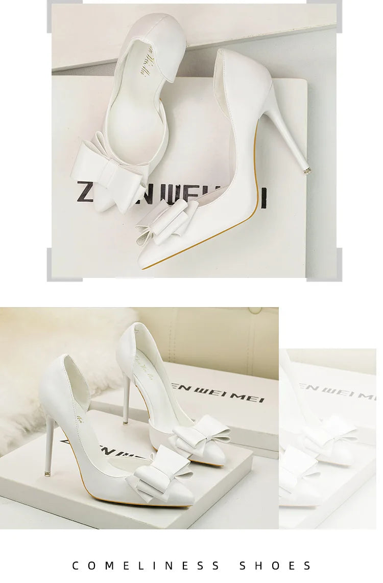 Korean Style Sweet Bow High Heels, Fashionable And Elegant Slim Heeled Women'S Shoes For The Office, Pointed  Sexy  Ladies Shoes