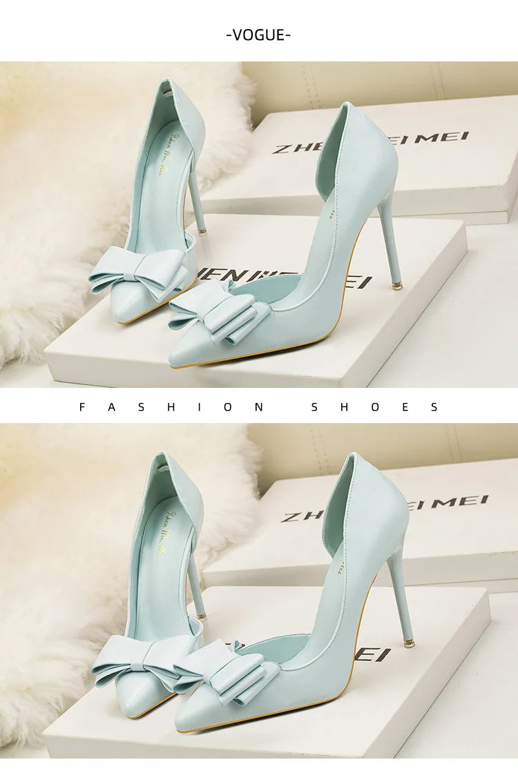 Korean Style Sweet Bow High Heels, Fashionable And Elegant Slim Heeled Women'S Shoes For The Office, Pointed  Sexy  Ladies Shoes