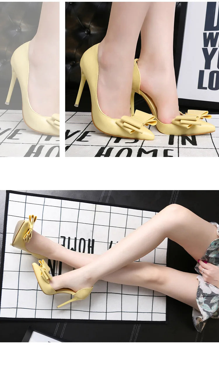 Korean Style Sweet Bow High Heels, Fashionable And Elegant Slim Heeled Women'S Shoes For The Office, Pointed  Sexy  Ladies Shoes
