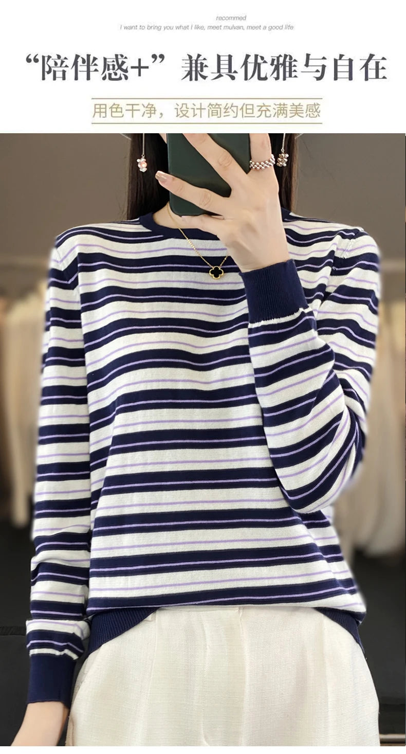 Autumn and Winter New 100% Cotton Striped Knitted Women's Round Neck Pullover Casual Fashion Sweater Loose Soft Women's Top