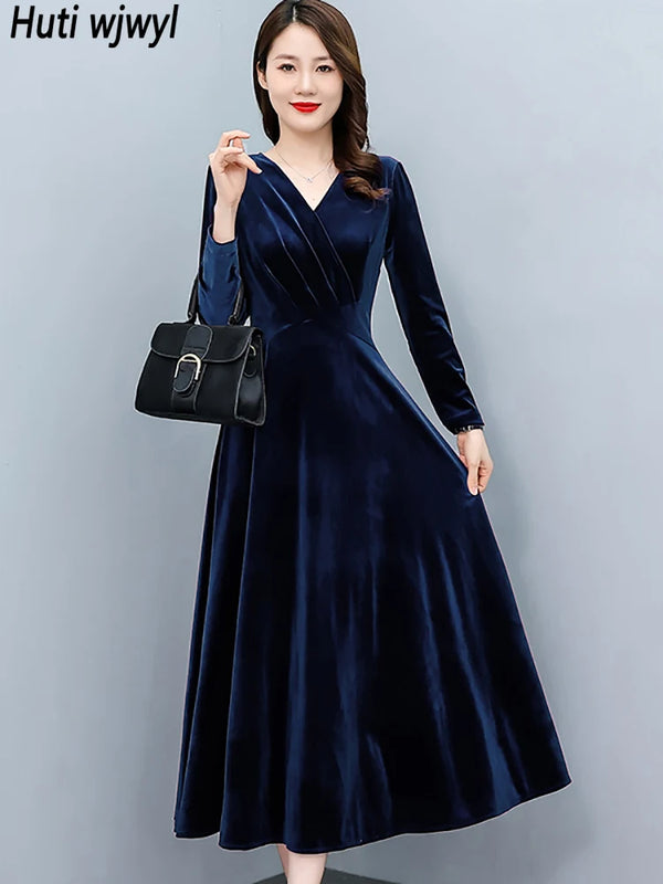 2024 Vintage Long Sleeve Women Sexy Midi Dresses Autumn Winter Velvet Thick Warm Dress Elegant Bodycon Party Night Maxi Vestidos