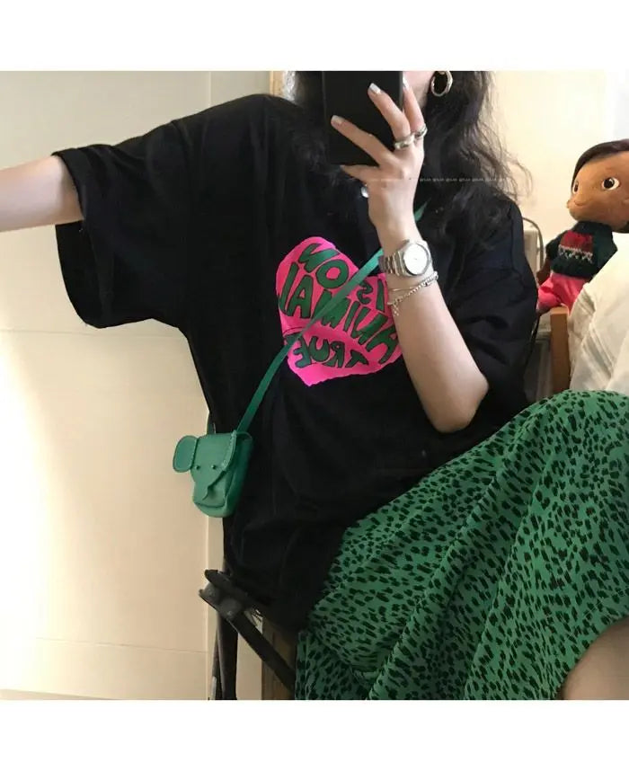 2023 Summer Loose Letters Girls Short-sleeved T-shirt Retro High-waisted Leopard Print Half-body Skirt Suit Two-piece Female Y2K