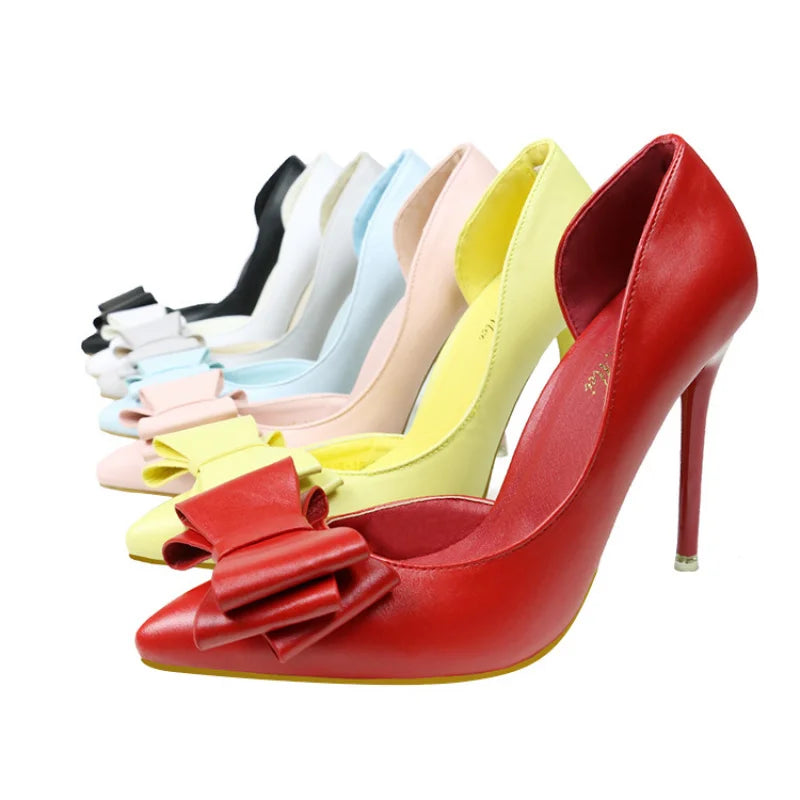 Korean Style Sweet Bow High Heels, Fashionable And Elegant Slim Heeled Women'S Shoes For The Office, Pointed  Sexy  Ladies Shoes