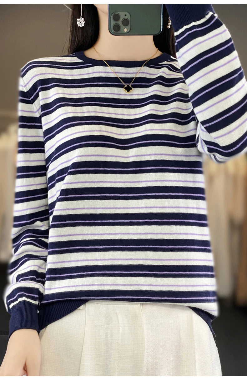 Autumn and Winter New 100% Cotton Striped Knitted Women's Round Neck Pullover Casual Fashion Sweater Loose Soft Women's Top