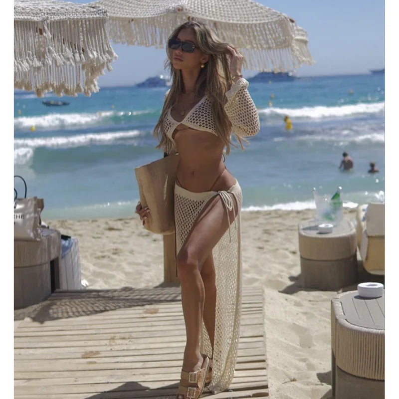 2024 Cover-ups Knitted Sexy See Through Bikinis Beach Cover Summer Long Sleeve Top Mesh Skirt Two-piece Set Hollow Out Dress